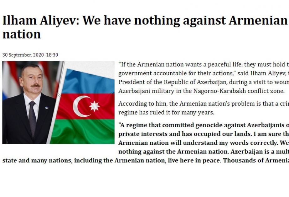 Gürcüstanın xəbər portalında Azərbaycan Prezidentinin yaralı hərbçilərlə görüşü zamanı çıxışından bəhs edən material yerləşdirilib