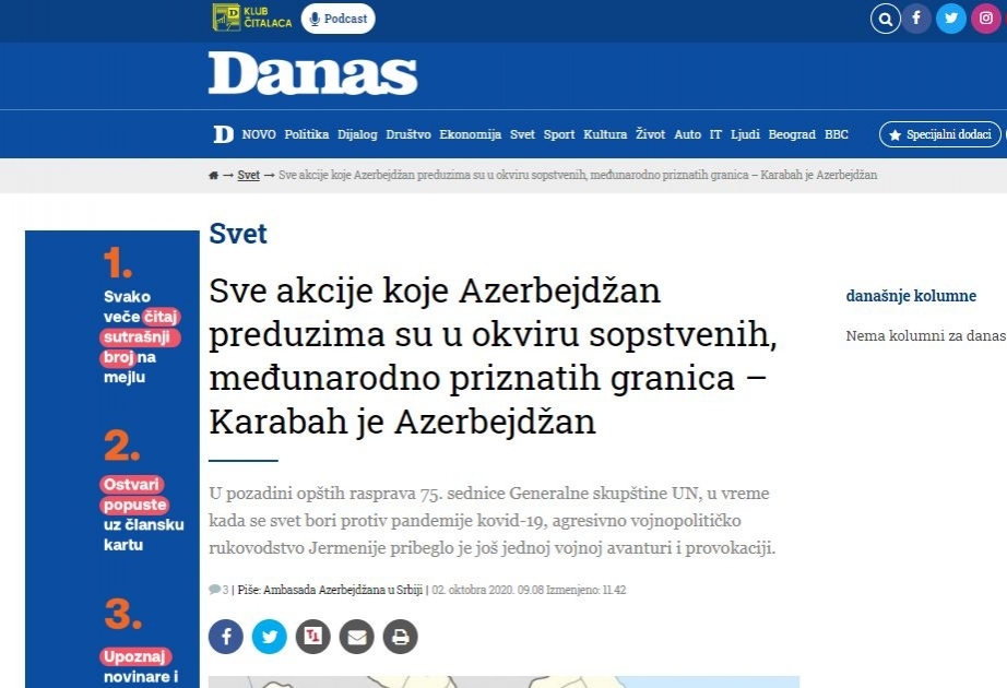Serbiya mətbuatı: Qarabağ Azərbaycandır