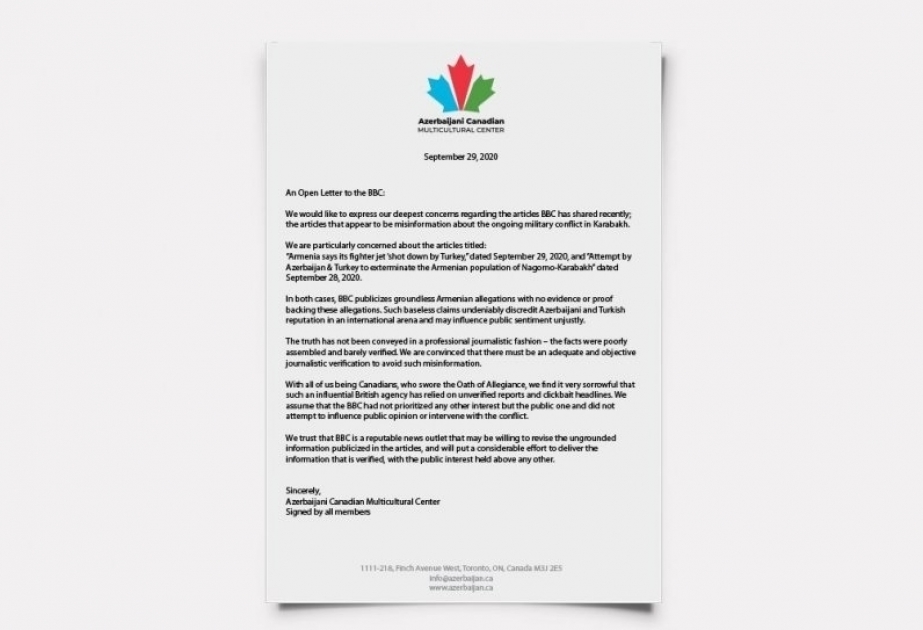 Los azerbaiyanos de Canadá envían una carta abierta a la BBC News