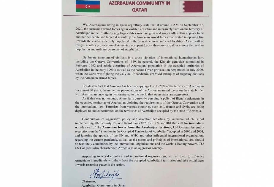 Qətərdəki Azərbaycan icması Ermənistanın hərbi təxribatları ilə bağlı bəyanat yayıb