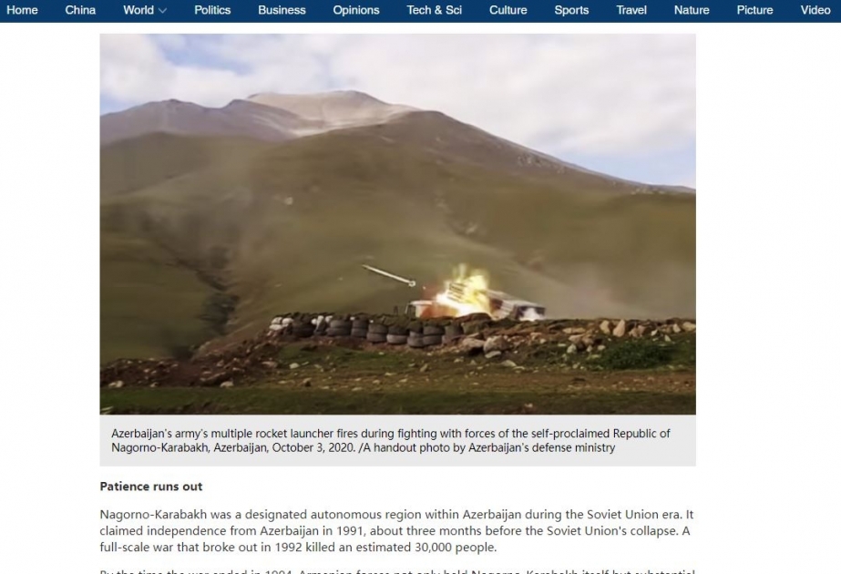CGTN kanalının saytında Ermənistanın Gəncəyə raket hücumu barədə xəbər yerləşdirilib