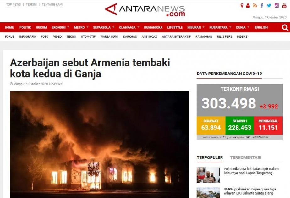 İndoneziya KİV-ləri: Azərbaycan şəhəri Gəncə Ermənistan tərəfindən raket hücumuna məruz qalıb