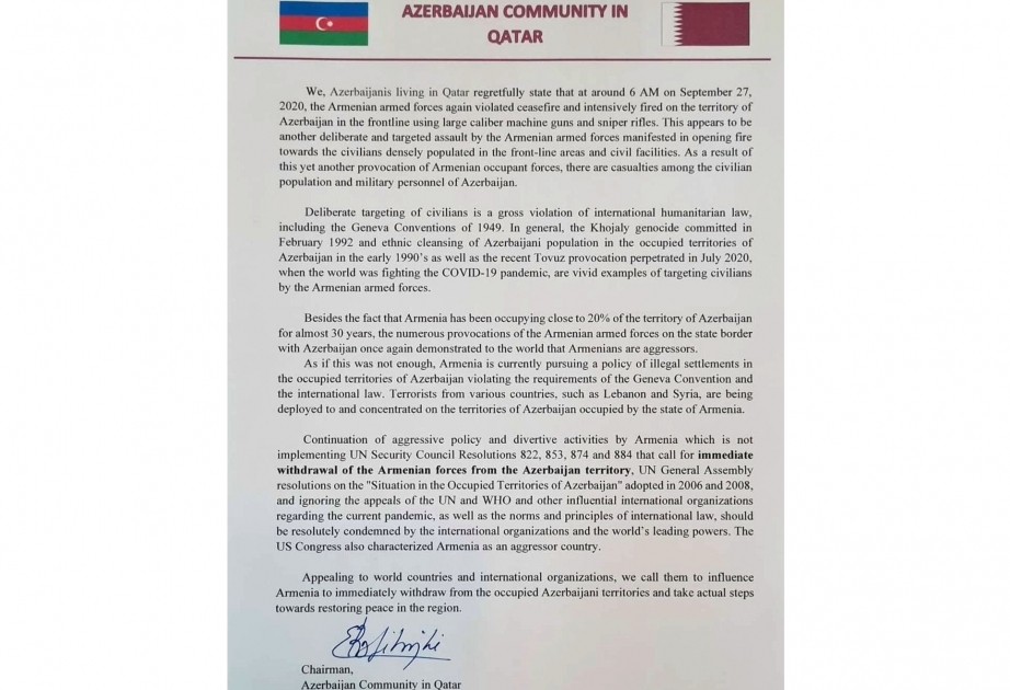 Comunidad azerbaiyana de Qatar emite una declaración sobre las provocaciones militares de Armenia