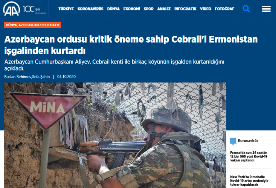 Türkiyə mediası: Cəbrayılın işğaldan azad olunması strateji əhəmiyyət daşıyır