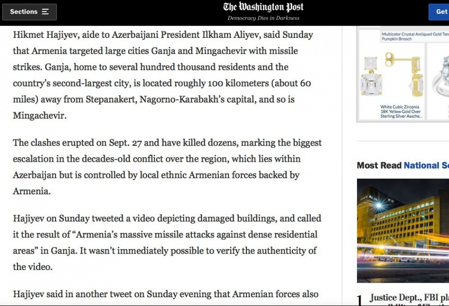 The Washington Post о ракетных ударах армянских сил по городам Азербайджана за пределами конфликтной зоны