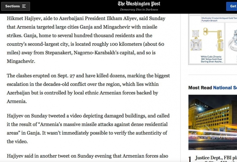 “The Washington Post” nəşri Ermənistan silahlı qüvvələrinin Azərbaycanın münaqişə zonasından kənarda yerləşən şəhərlərinə raket zərbələri haqda yazıb