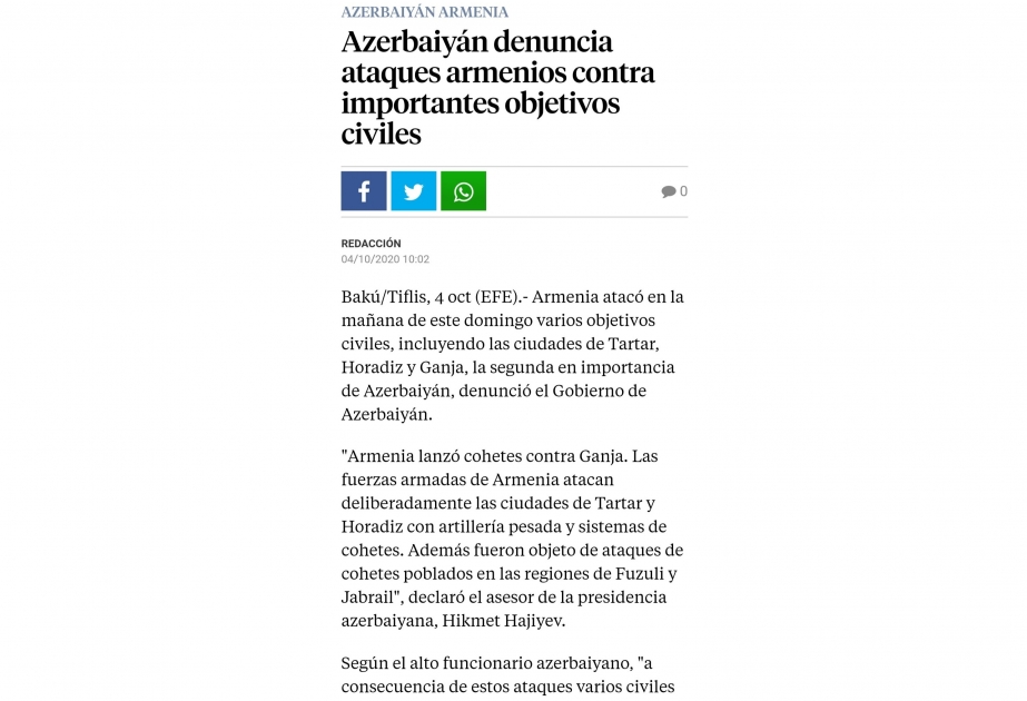 Lavanguardia: “Azerbaiyán denuncia ataques armenios contra importantes objetivos civiles”