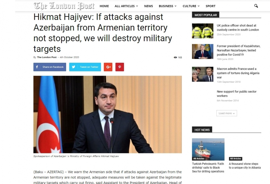 The London Post highlights Azerbaijani Presidential Assistant’s statement condemning Armenia’s shelling of residential settlements of Azerbaijan