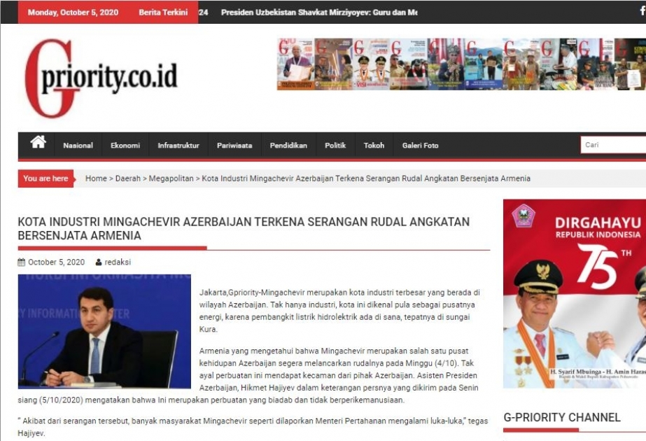 İndoneziya mətbuatı: Ermənistan azərbaycanlı mülki şəxslərə qarşı dövlət terroru həyata keçirir