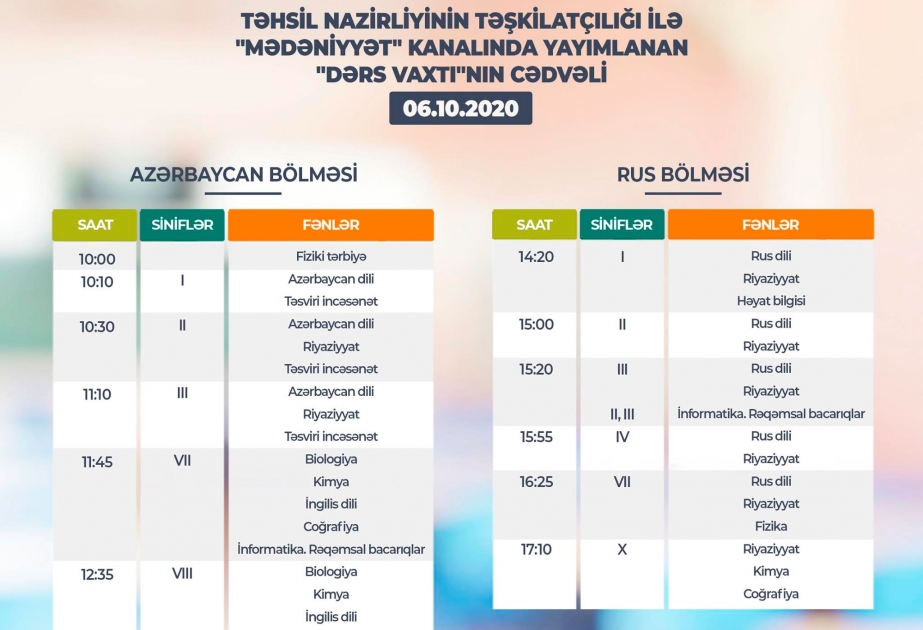 Oktyabrın 6-sı üçün teledərslərin cədvəli