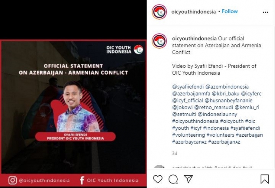 İndoneziya İƏT Gənclər Təşkilatının prezidenti Ermənistan-Azərbaycan münaqişəsi ilə əlaqədar rəsmi bəyanatla çıxış edib