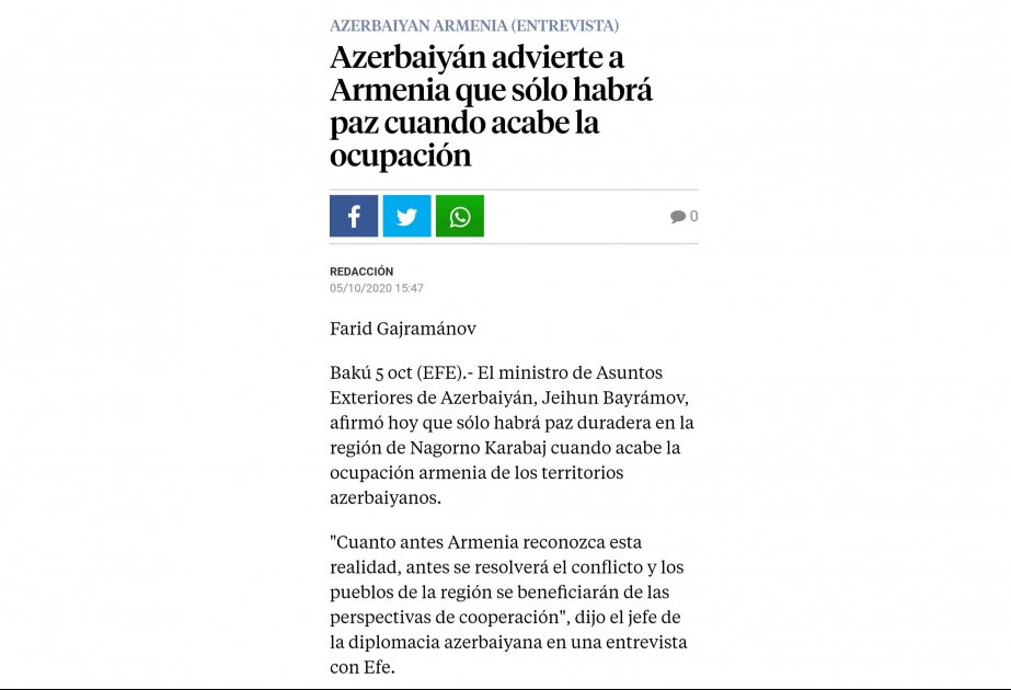«Lavanguardia»: Азербайджан предупреждает Армению, что мир будет только тогда, когда закончится оккупация