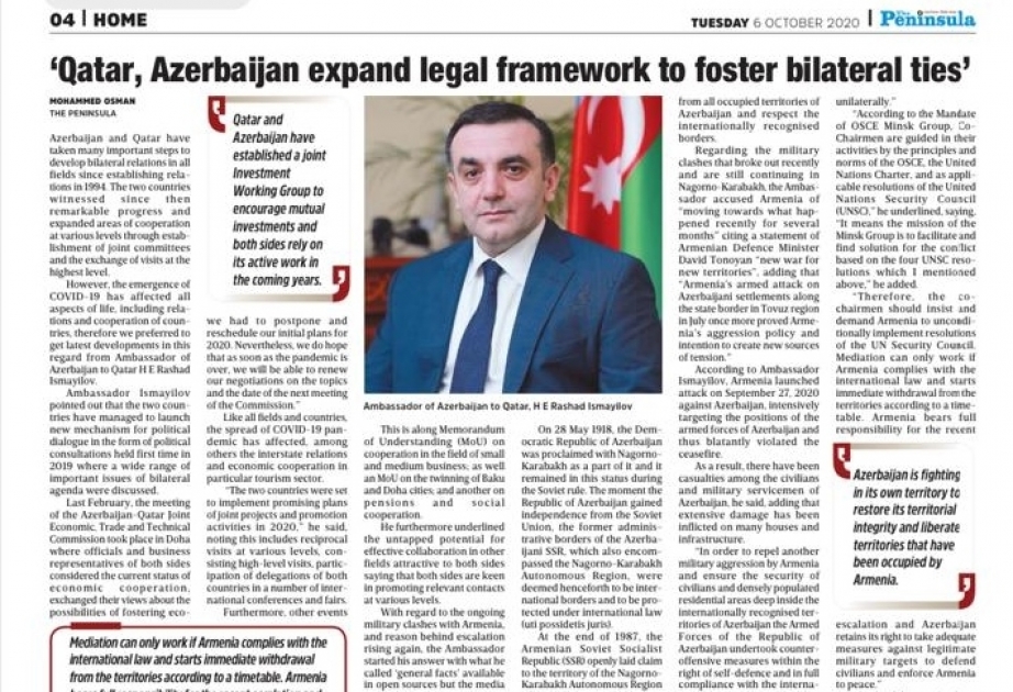 Qətərin “The Peninsula” qəzeti Ermənistan-Azərbaycan münaqişəsindən yazıb