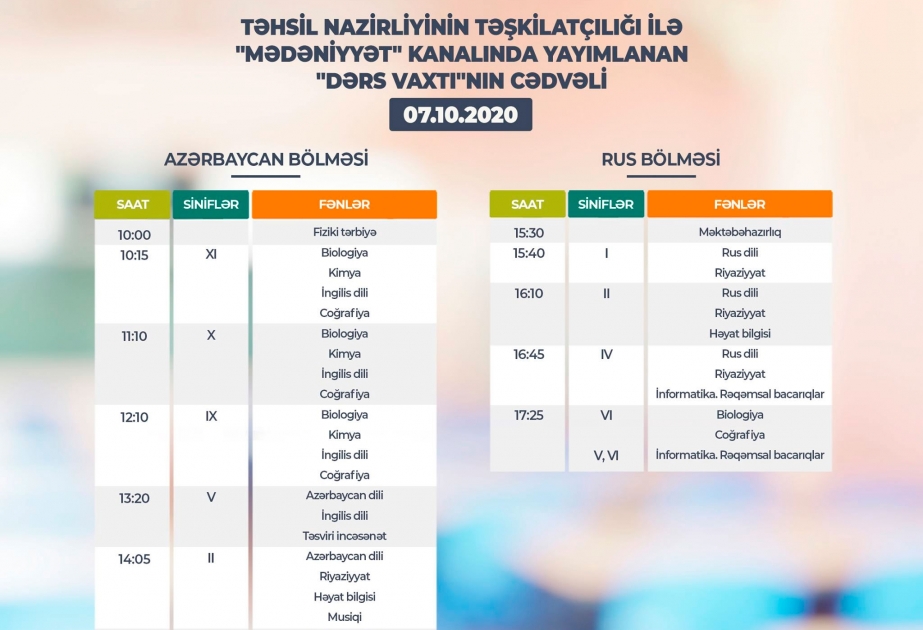 Oktyabrın 7-si üçün teledərslərin cədvəli müəyyənləşib