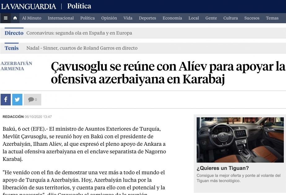“La Vanguardia” qəzeti Prezident İlham Əliyevin Türkiyənin Xarici İşlər nazirini qəbul etməsindən yazır