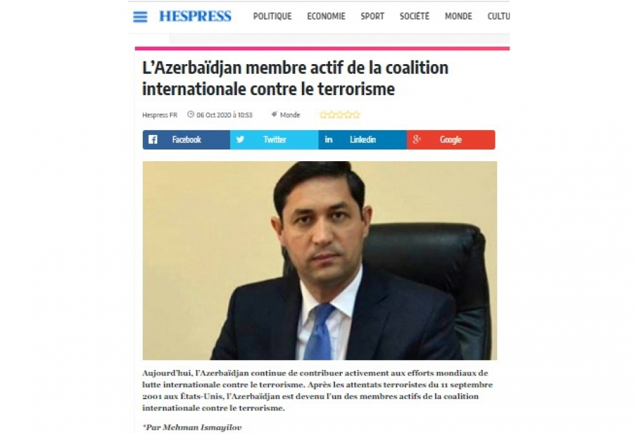 Mərakeşin “Hespress” portalı Azərbaycanın terrorizmə qarşı beynəlxalq mübarizədə fəal iştirakından bəhs edən məqalə yayıb