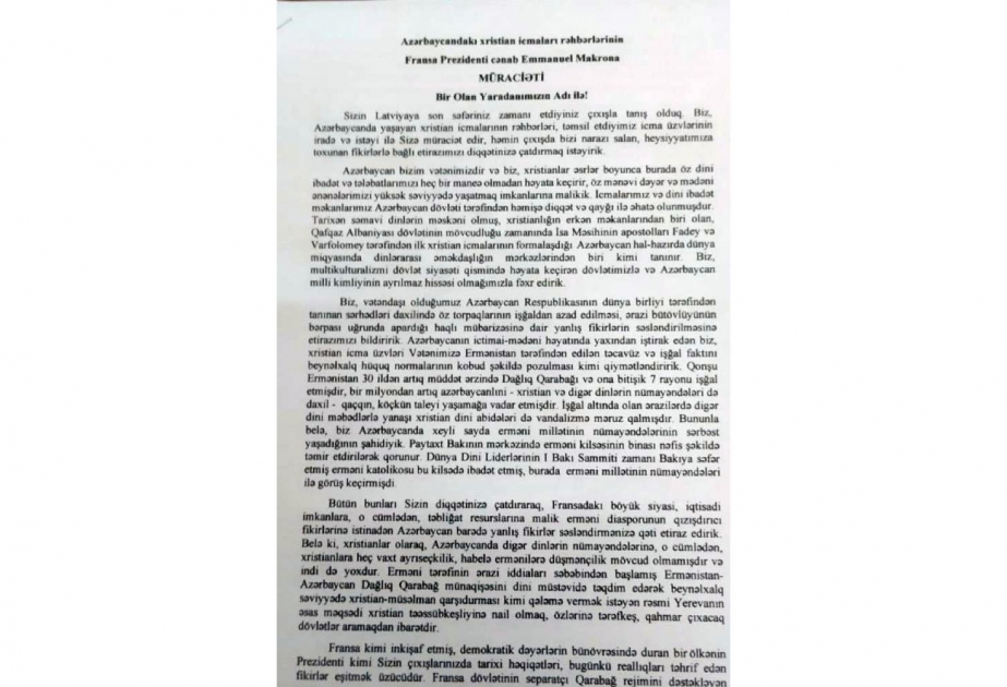 Azərbaycandakı xristian icmaları rəhbərləri Fransa Prezidentinə müraciət ünvanlayıblar