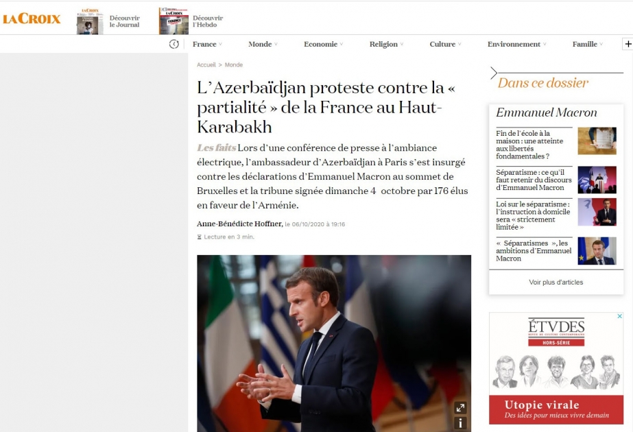 “La Croix” qəzeti: Azərbaycan Fransanın Dağlıq Qarabağla bağlı qərəzliliyinə etiraz edir