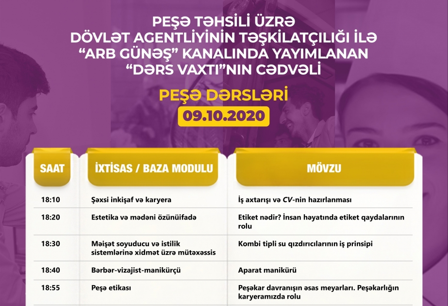 Peşə təhsili üzrə “Dərs vaxtı” proqramının oktyabrın 9-na olan cədvəli