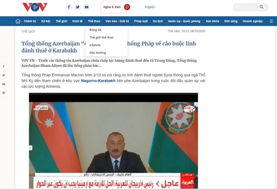 Azərbaycan Prezidentinin Dağlıq Qarabağ münaqişəsi ilə bağlı fikirləri Vyetnam mətbuatında