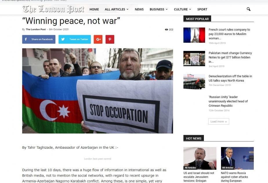 “The London Post” qəzetində Ermənistan-Azərbaycan münaqişəsindən bəhs edən məqalə dərc olunub