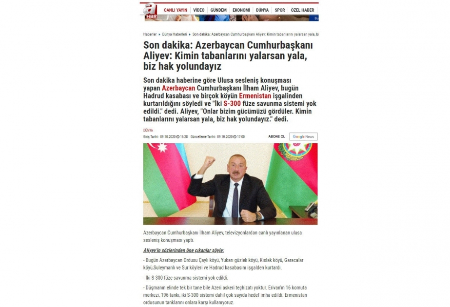 Türkiyə mətbuatı Prezident İlham Əliyevin yeni qələbə zəfərləri ilə bağlı xalqa müraciətinə geniş yer ayırıb