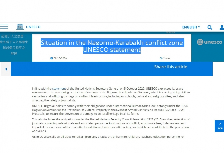 UNESCO Dağlıq Qarabağ münaqişəsi zonasındakı vəziyyətlə bağlı bəyanat yayıb