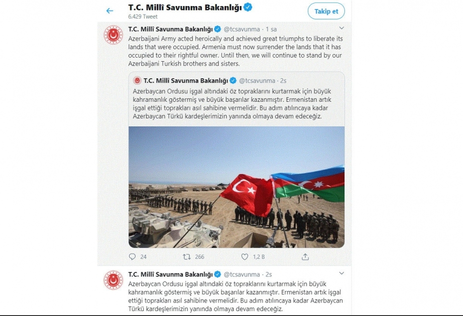 Türkiyə Milli Müdafiə Nazirliyi: Ermənistan işğal etdiyi torpaqları əsl sahibinə qaytarmalıdır