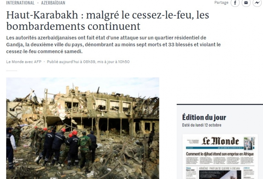 Fransanın “Le Monde” qəzeti Gəncədəki erməni terrorundan yazır: Humanitar atəşkəsə baxmayaraq, Gəncə atəşə tutulub