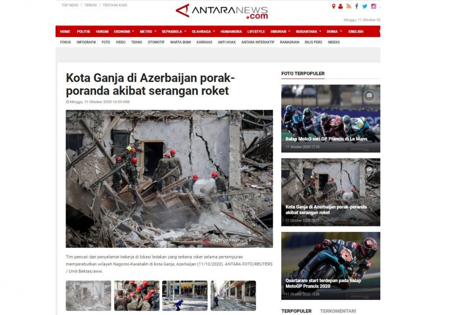 İndoneziyanın nüfuzlu KİV-ləri Ermənistan ordusunun Azərbaycan şəhərlərini raket atəşinə tutması barədə məlumatlar yayıb