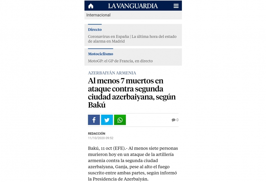 İspaniyanın “La Vanguardia” qəzeti Gəncənin atəşə tutulmasından yazır