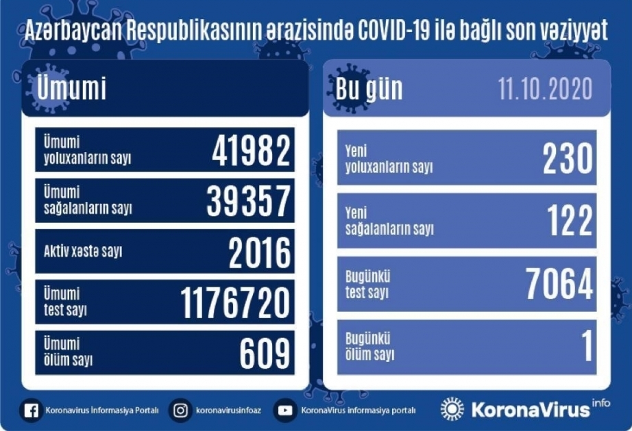 В Азербайджане зарегистрировано 230 новых фактов заражения коронавирусом, выздоровели 122 человека