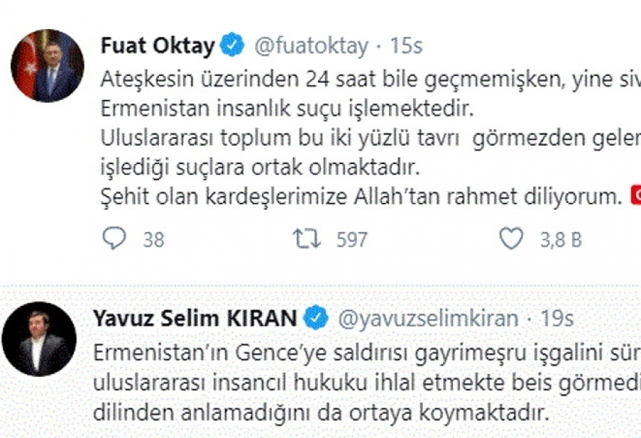 Türkiyə dövləti və ictimaiyyəti Ermənistanın Gəncəyə raket hücumunu kəskin şəkildə qınamaqdadır