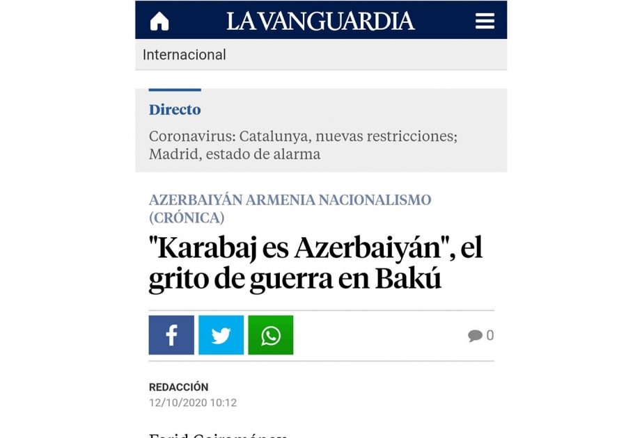 “La Vanguardia”: Bakıda döyüş çağırışı: “Qarabağ Azərbaycandır!”