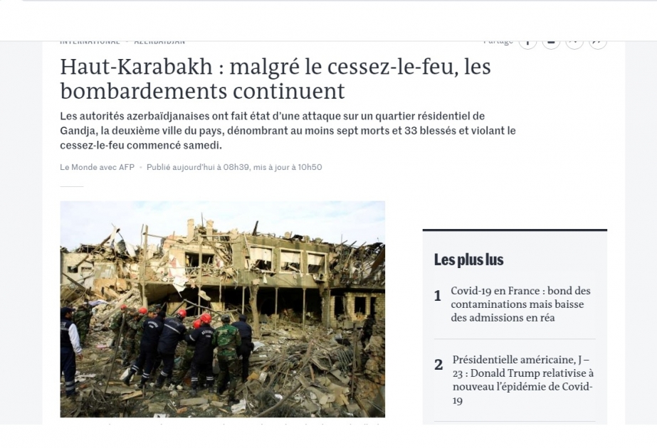 Fransa mətbuatı Ermənistan silahlı qüvvələrinin Gəncəyə raket hücumundan yazıb