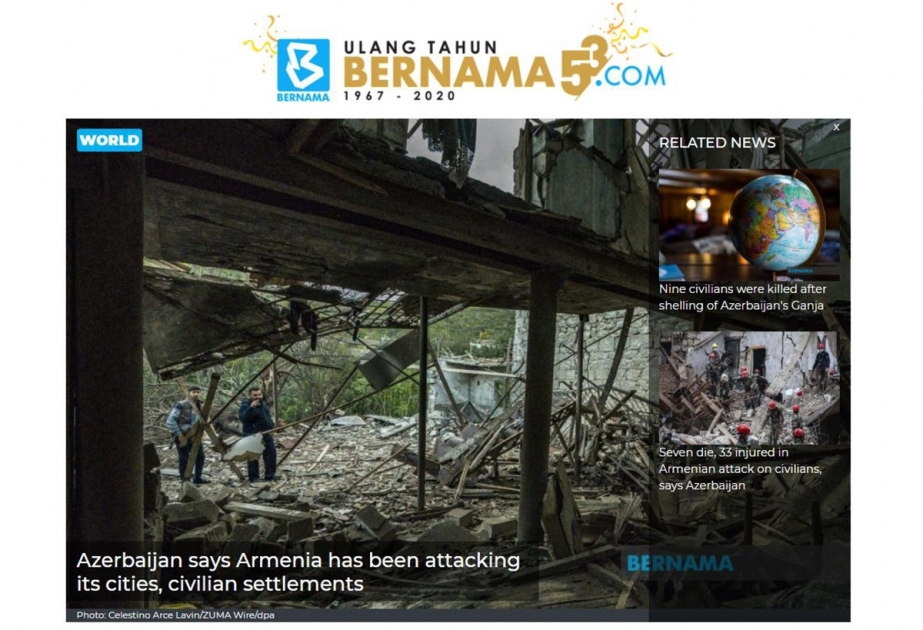 BERNAMA agentliyi Ermənistan silahlı qüvvələrinin Gəncə şəhərinə raket hücumu barədə növbəti xəbər yayıb