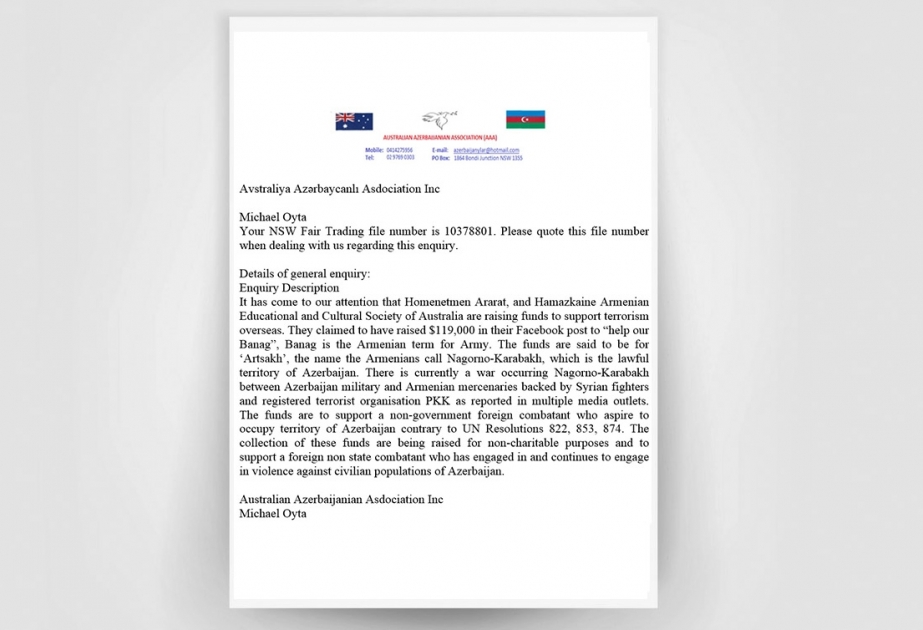 Avstraliyada yaşayan soydaşlarımız bu ölkənin təhlükəsizlik orqanlarına müraciət ediblər