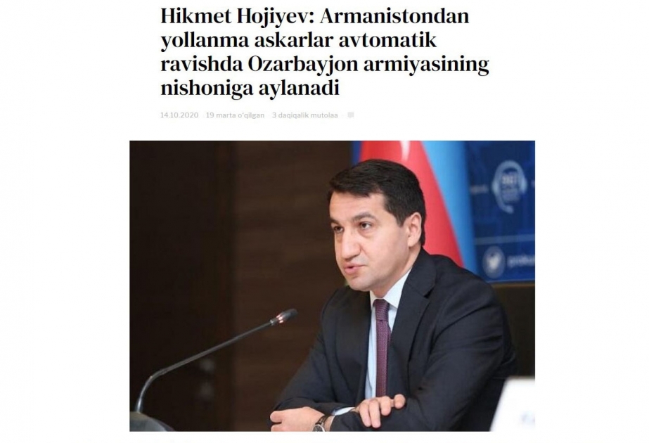 Özbəkistanın portallarında Ermənistanın Gəncəni və Mingəçeviri atəşə tutması ilə əlaqədar məqalələr yerləşdirilib