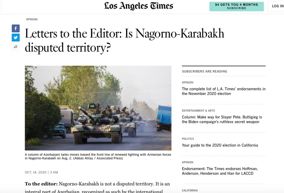 В газете Los Angeles Times опубликована статья об агрессорской политике Армении