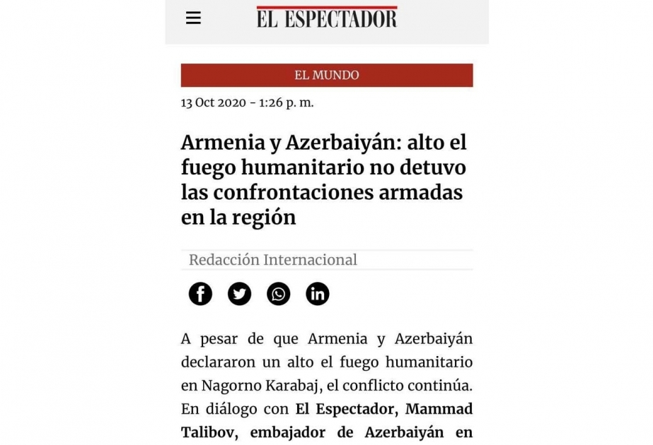 El diario colombiano “El Espectador” informa sobre el conflicto de Nagorno-Karabaj y la última agresión militar de Armenia