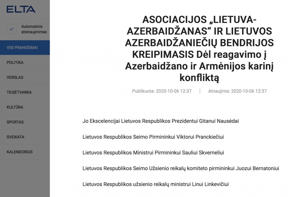 Litvadakı Azərbaycan diasporu Dağlıq Qarabağ münaqişəsi ilə əlaqədar bu ölkənin Prezidentinə və digər rəhbər şəxslərinə müraciət ünvanlayıb