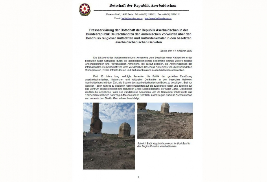 Aserbaidschanische Botschaft in Deutschland gibt Presseerklärung zu armenischen Vorwürfen über Beschuss religiöser Kultstätten und Kulturdenkmäler in besetzten aserbaidschanischen Gebieten