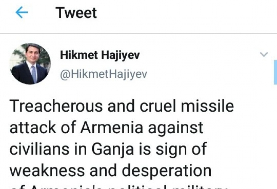 Hikmət Hacıyev: Bu, mülki şəxslərə qarşı qəsdən düşünülmüş raket hücumudur