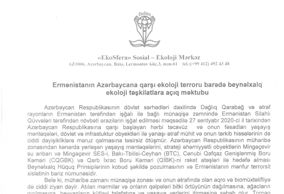 Gənc ekoloqlar Ermənistanın Azərbaycana qarşı ekoloji terroru barədə beynəlxalq ekoloji təşkilatlara açıq məktub ünvanlayıb