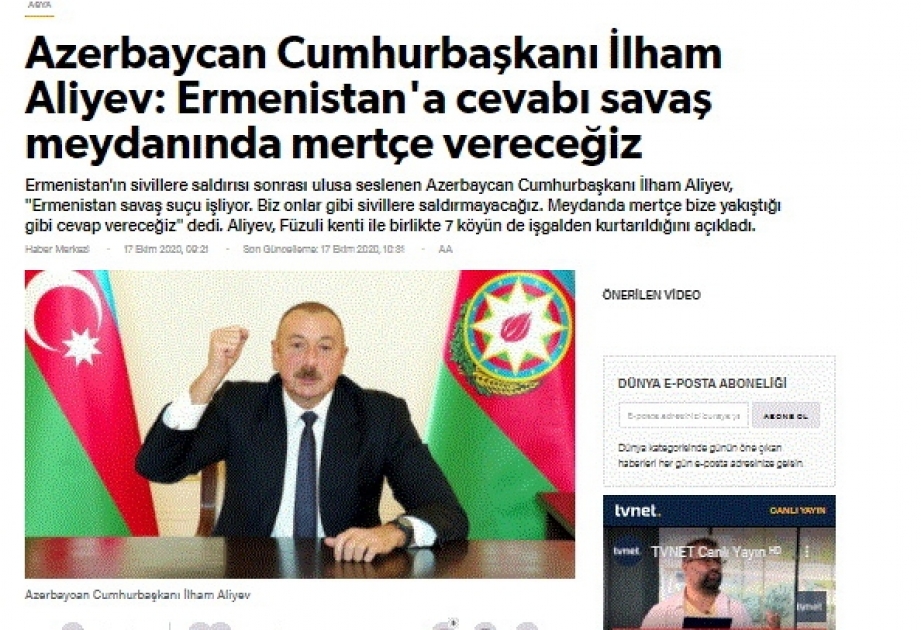 Türkiyə KİV-ləri Prezident İlham Əliyevin xalqa müraciətini geniş işıqlandırıb