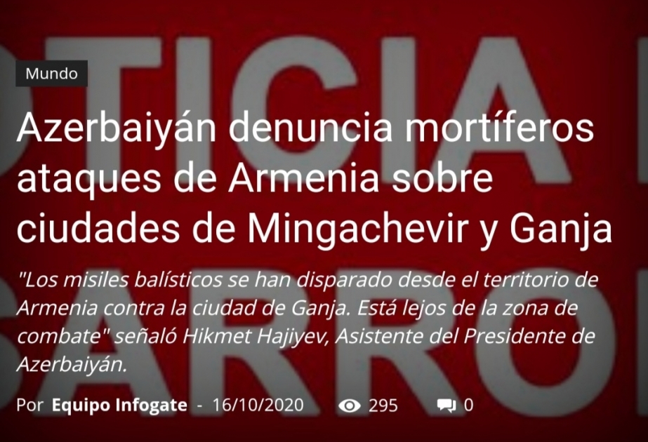 Çilinin xəbər agentliyi Ermənistan silahlı qüvvələrinin Mingəçevir və Gəncəyə raket hücumlarından yazır