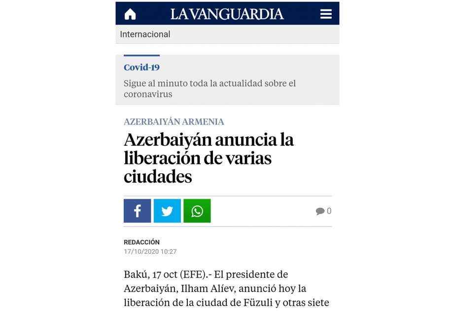 Испанское старейшее издание La Vanguardia пишет об освобождении Азербайджаном оккупированных городов
