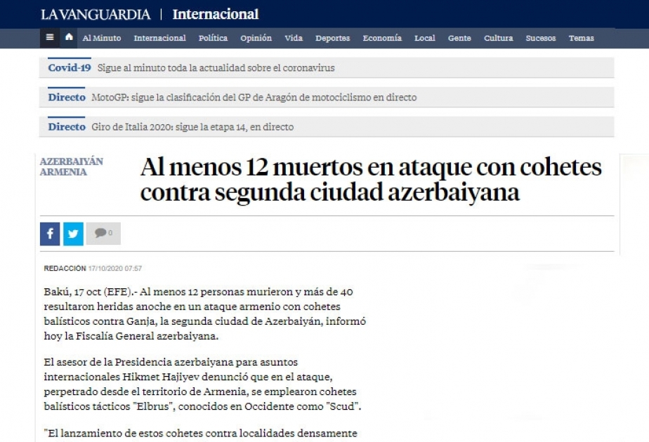 La Vanguardia сообщила о ракетных атаках ВС Армении на Гянджу