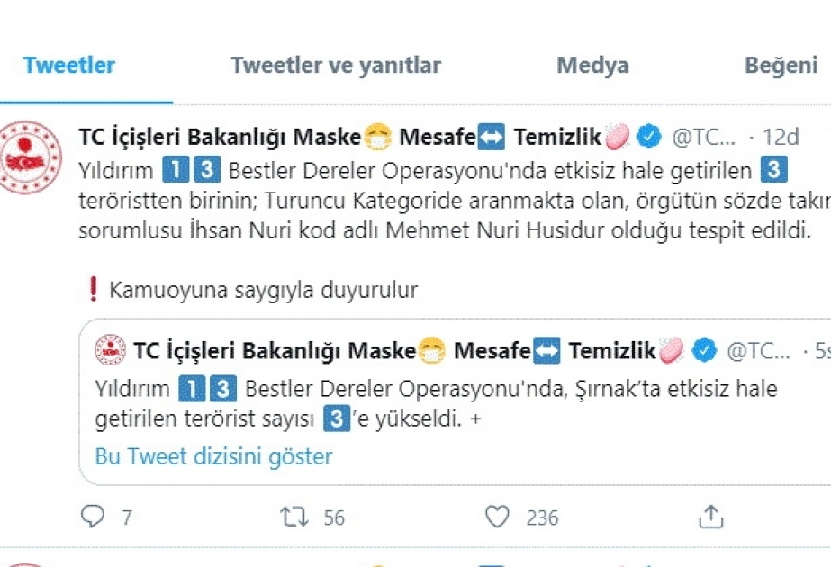 Türkiyədə axtarışda olan daha bir təhlükəli terrorçu məhv edilib
