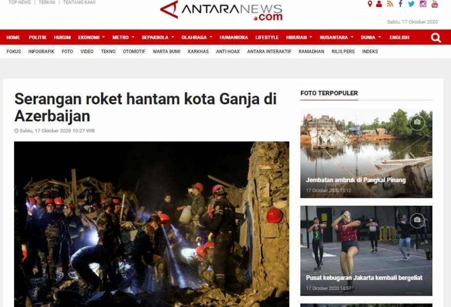İndoneziyanın nüfuzlu KİV-ləri Ermənistan ordusunun Gəncəyə raket hücumunu qəti pisləyib
